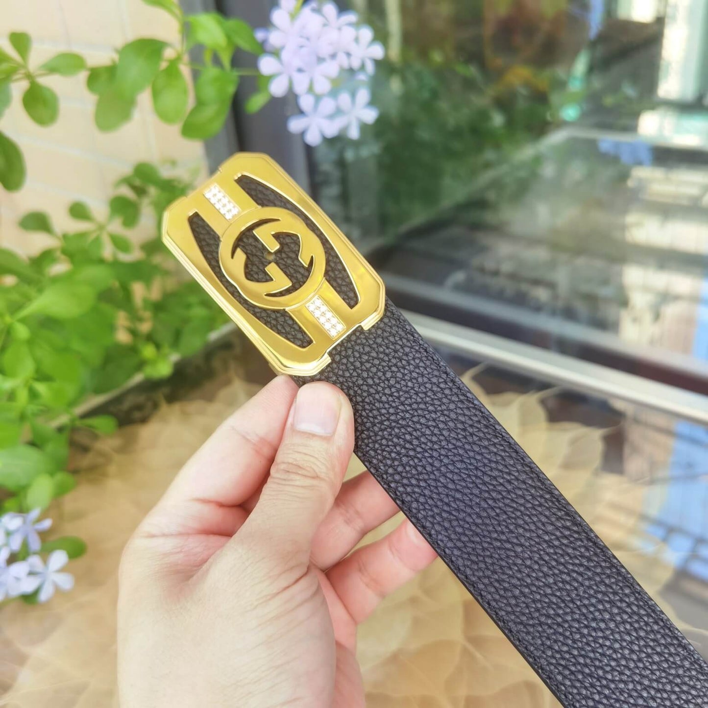 VBS BELT Cowhide leather black gold buckle wide 3.8cm