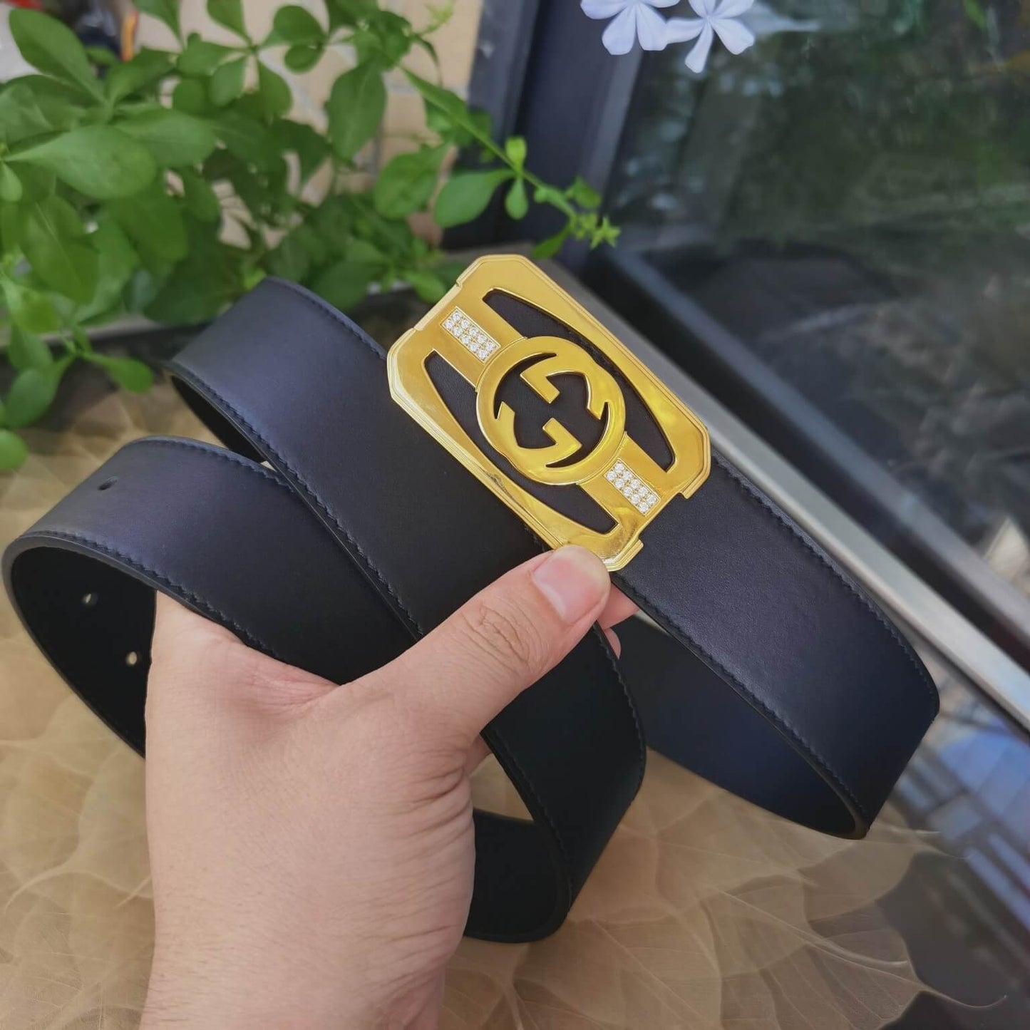 VBS BELT Cowhide leather black gold buckle wide 3.8cm