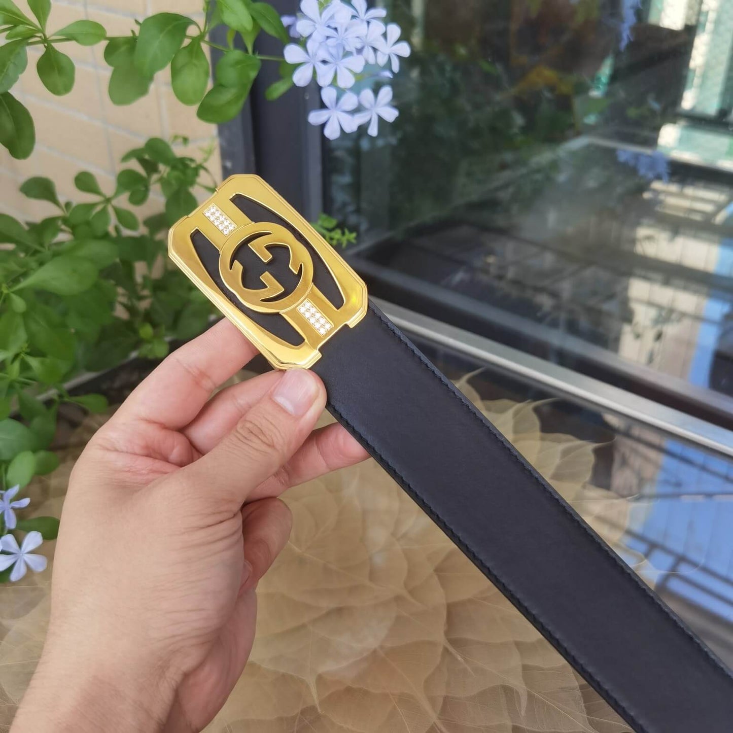 VBS BELT Cowhide leather black gold buckle wide 3.8cm