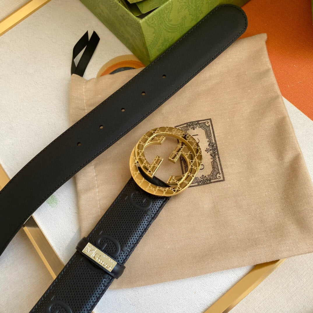 VBS BELT Cowhide leather black gold buckle wide 4cm
