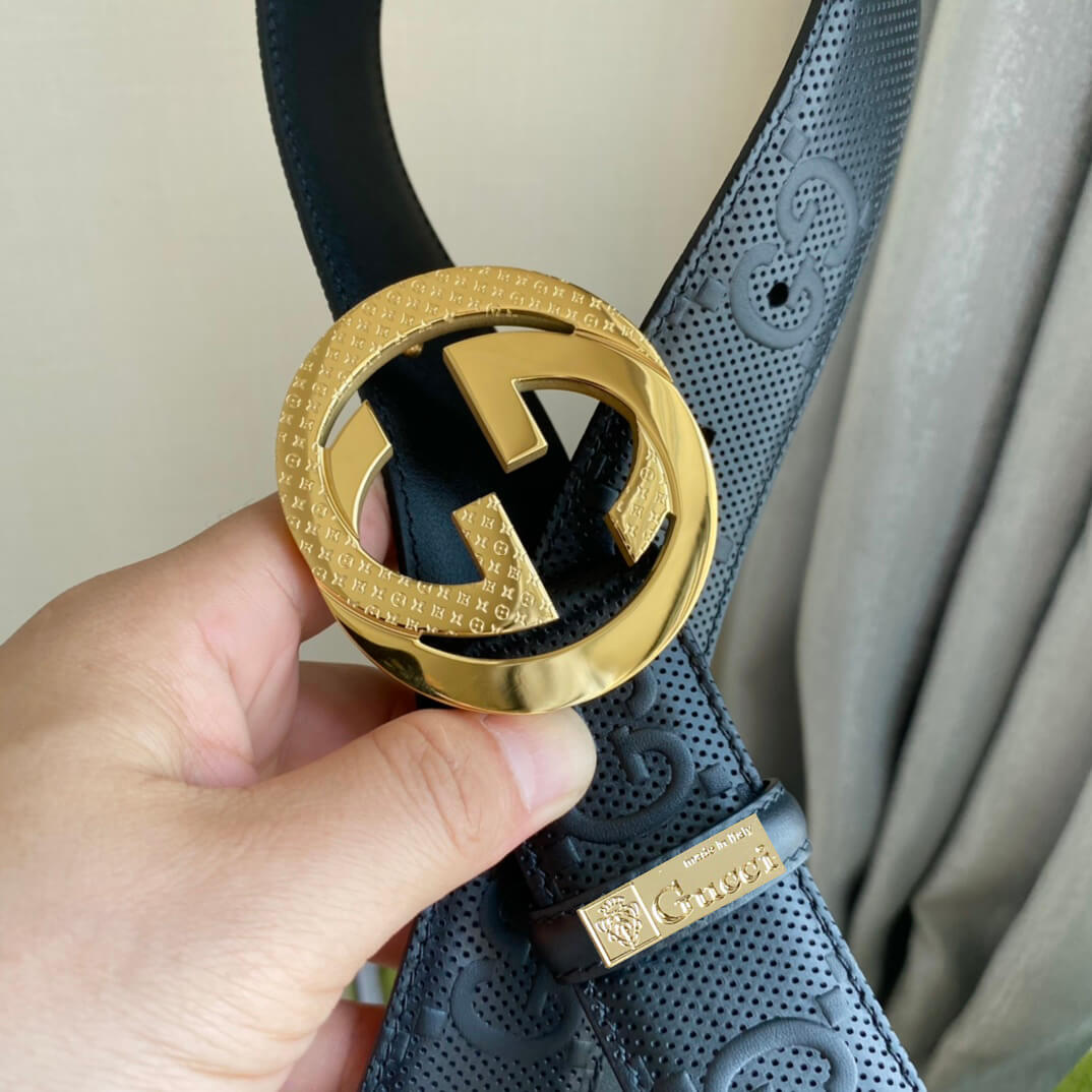 VBS BELT Cowhide leather black gold buckle wide 4cm