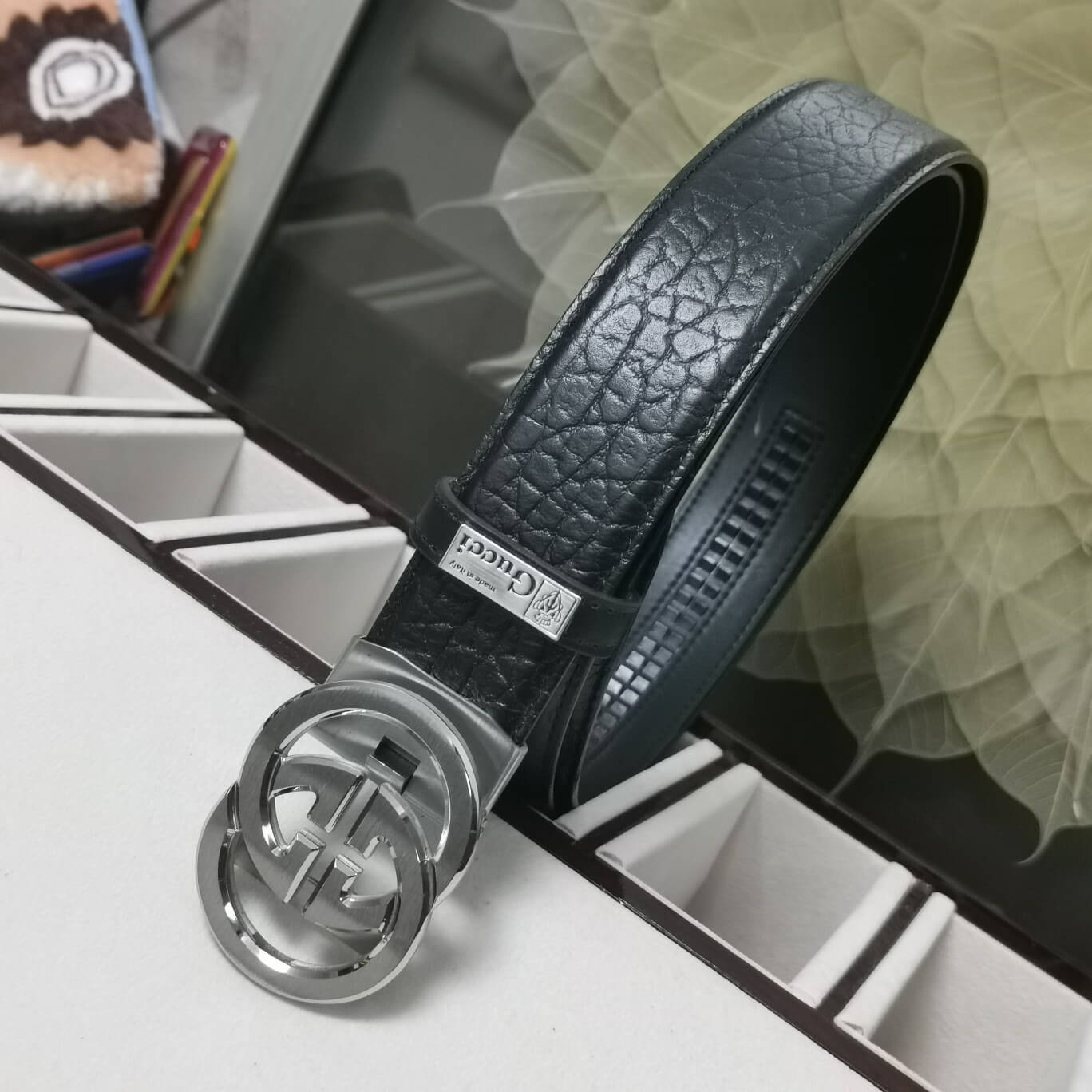VBS BELT Cowhide leather black Silver buckle wide 3.4cm Automatic buckle