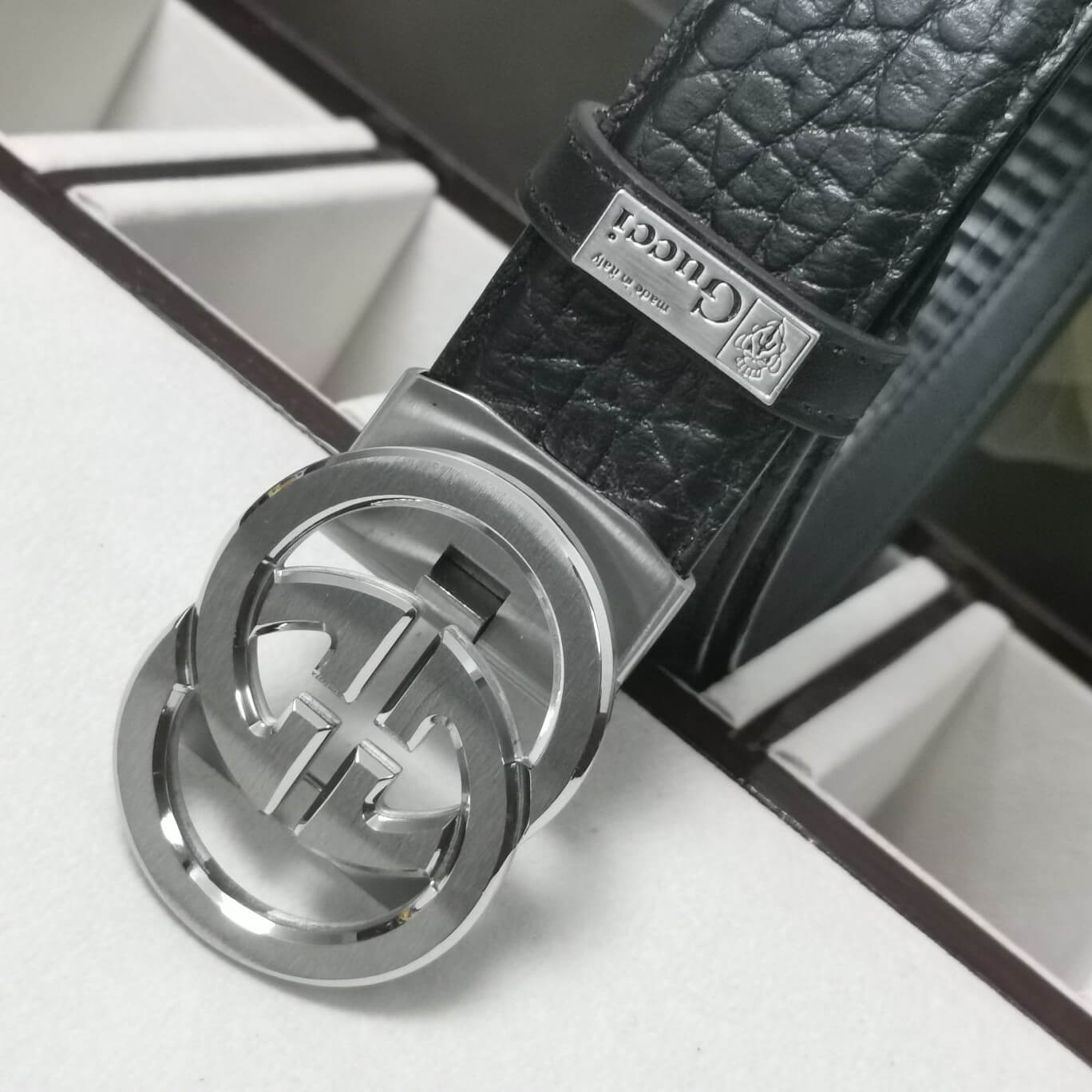 VBS BELT Cowhide leather black Silver buckle wide 3.4cm Automatic buckle