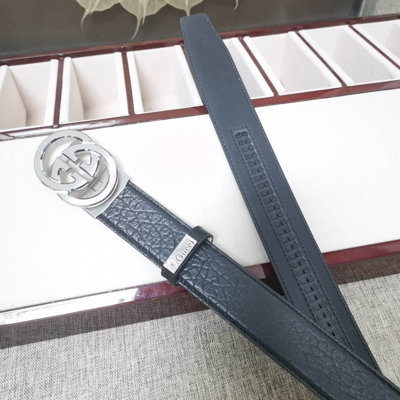 VBS BELT Cowhide leather black Silver buckle wide 3.4cm Automatic buckle
