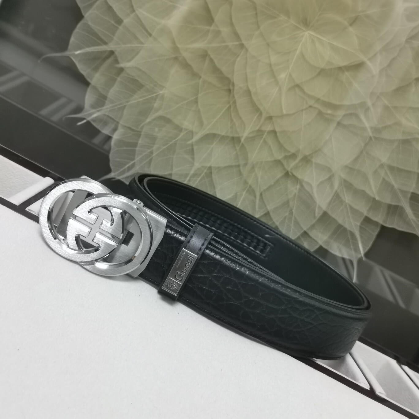 VBS BELT Cowhide leather black Silver buckle wide 3.4cm Automatic buckle