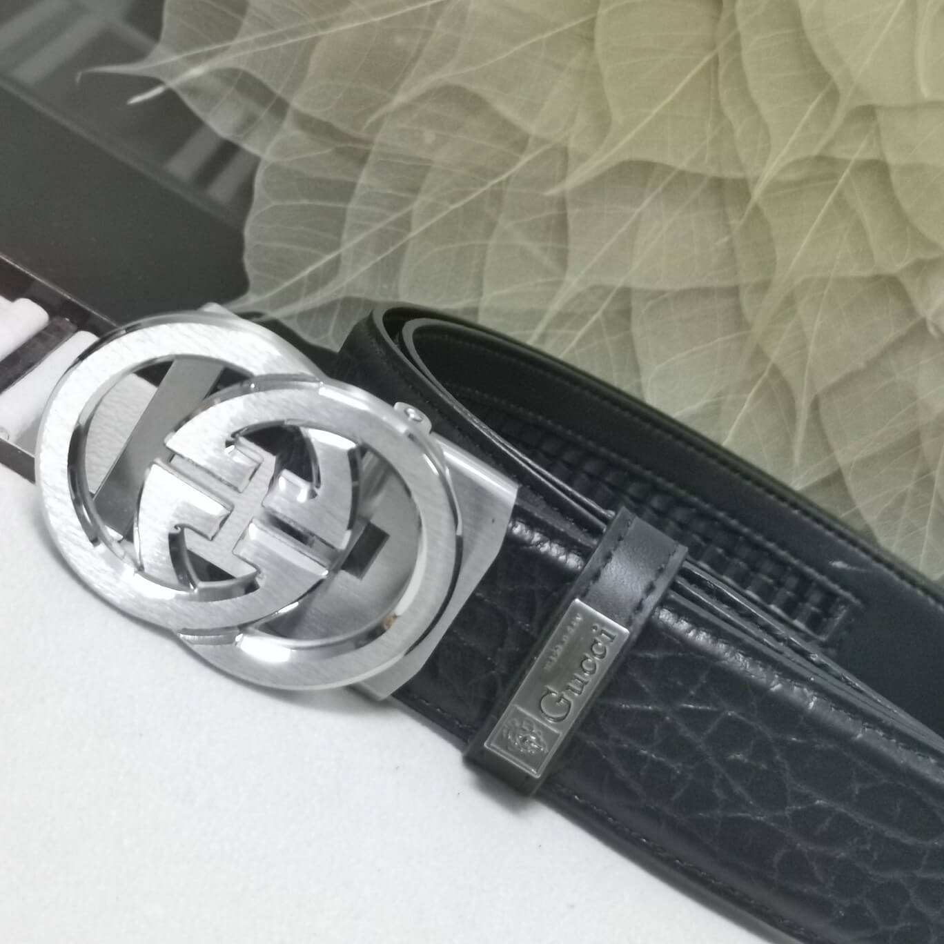 VBS BELT Cowhide leather black Silver buckle wide 3.4cm Automatic buckle