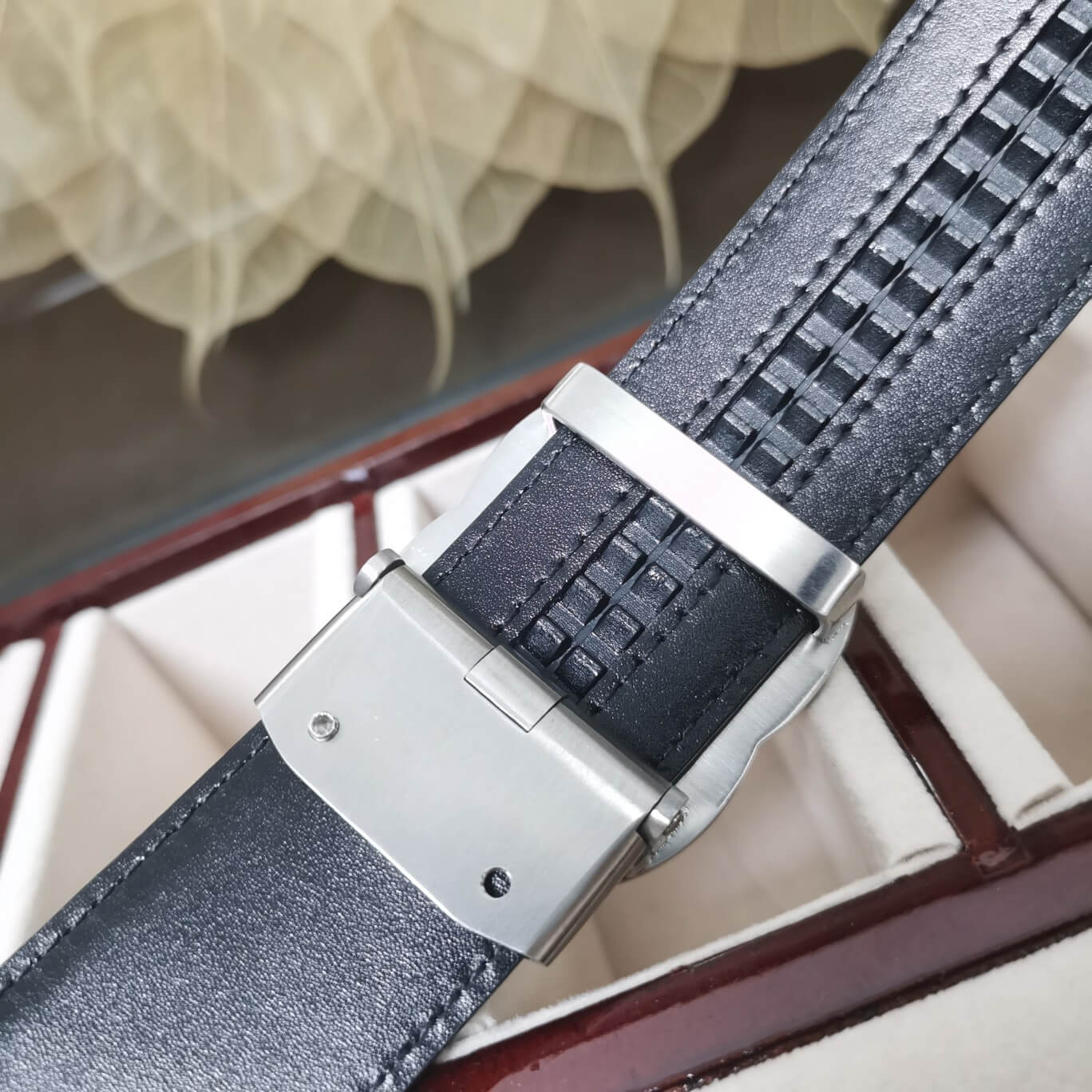 VBS BELT Cowhide leather black Silver buckle wide 3.4cm Automatic buckle