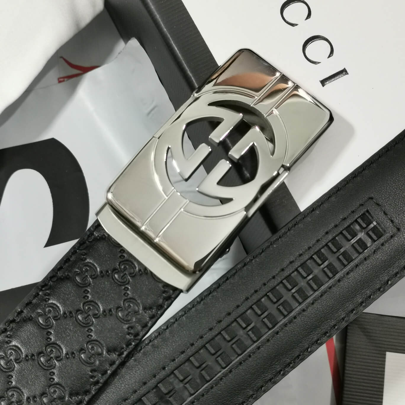 VBS BELT Cowhide leather black Silver buckle wide 3.5cm Automatic buckle