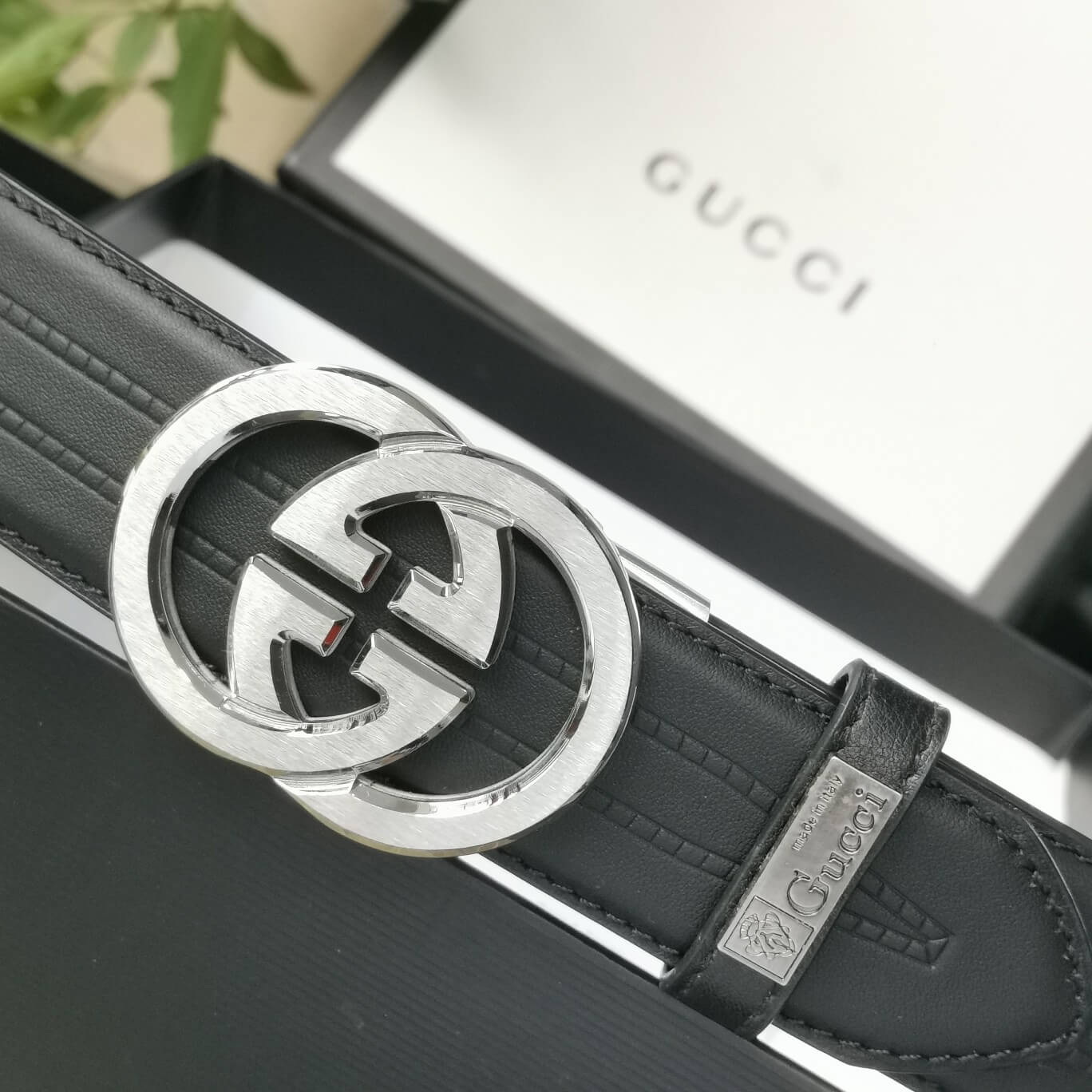 VBS BELT Cowhide leather blue Silver buckle wide 3.5cm Automatic buckle