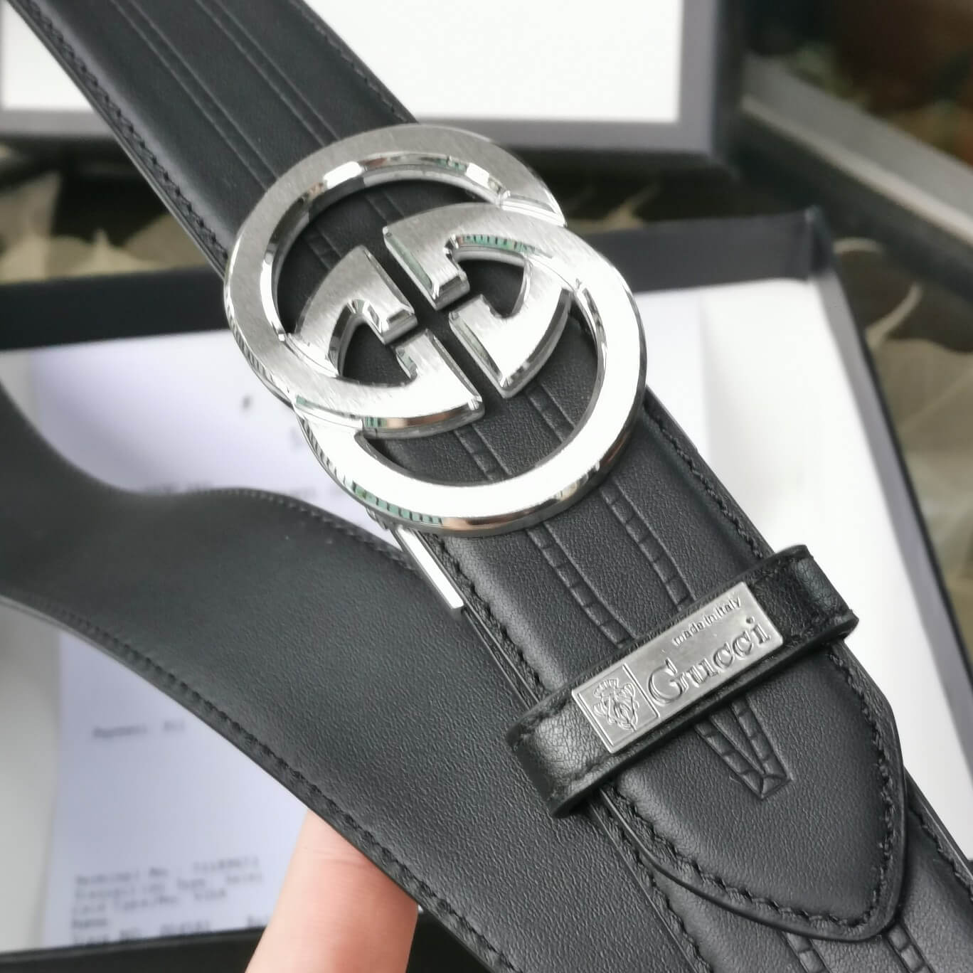 VBS BELT Cowhide leather blue Silver buckle wide 3.5cm Automatic buckle