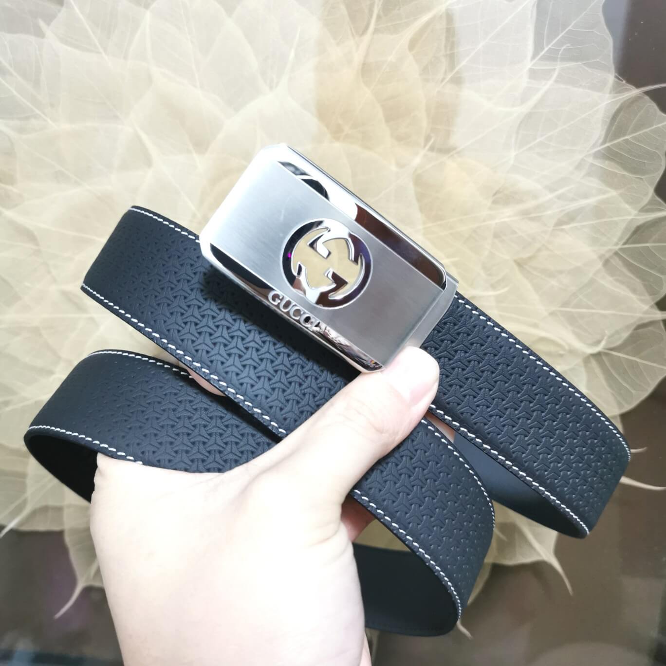 VBS BELT Cowhide leather blue Silver buckle wide 3.4cm Automatic buckle