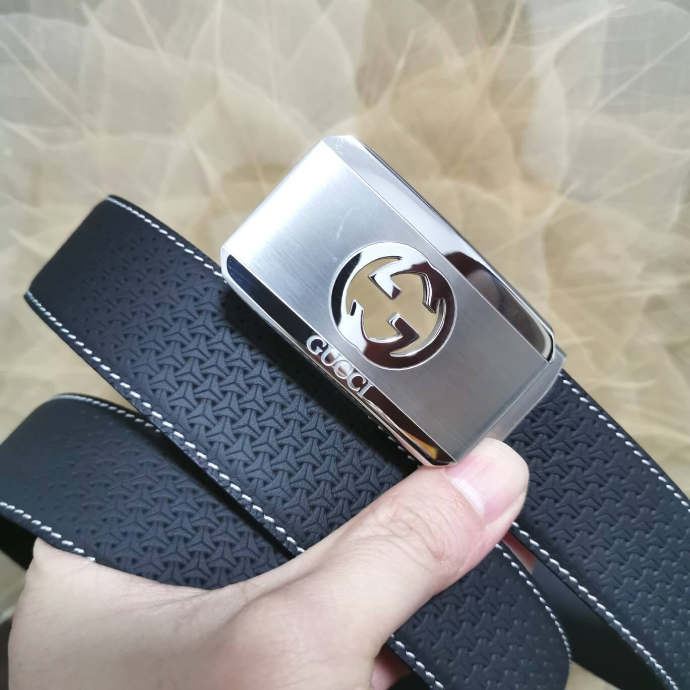 VBS BELT Cowhide leather blue Silver buckle wide 3.4cm Automatic buckle