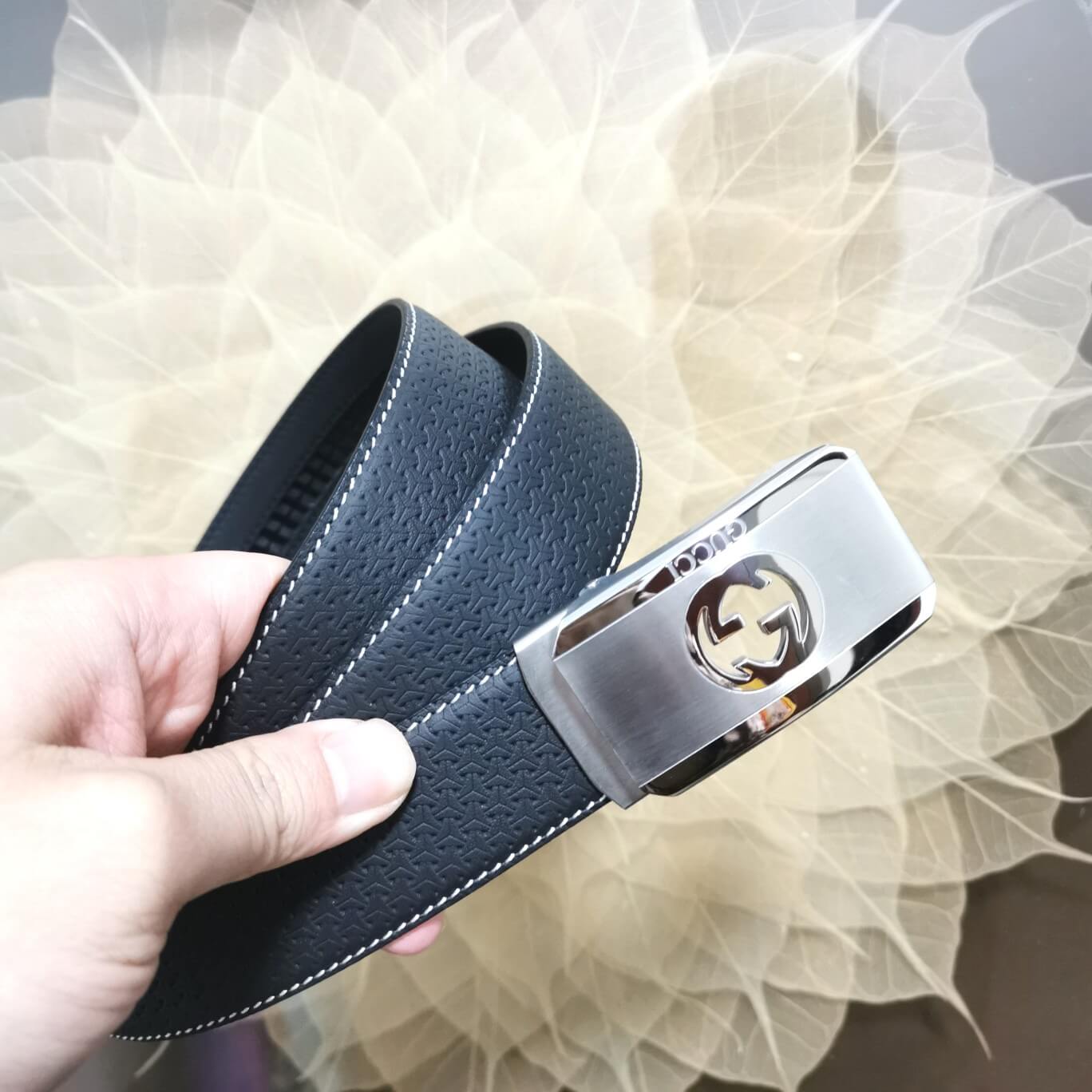 VBS BELT Cowhide leather blue Silver buckle wide 3.4cm Automatic buckle
