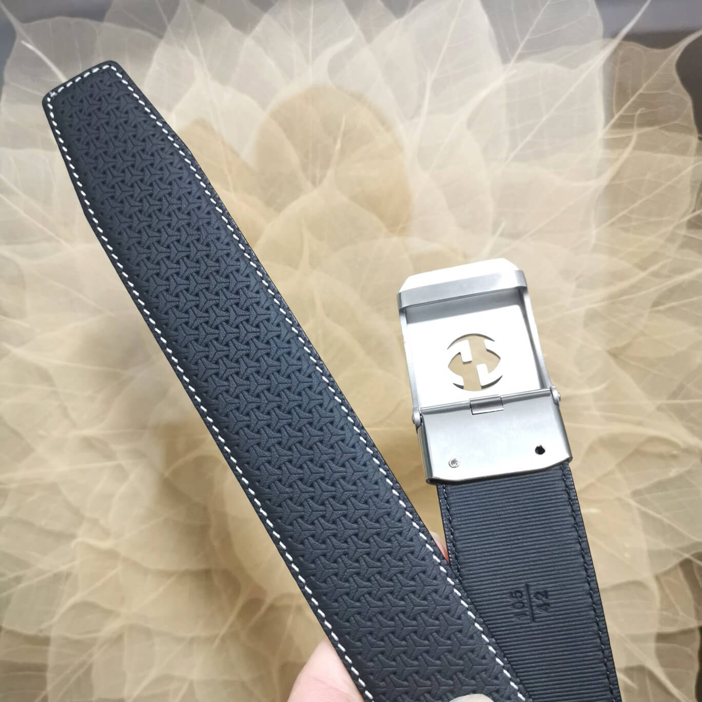 VBS BELT Cowhide leather blue Silver buckle wide 3.4cm Automatic buckle