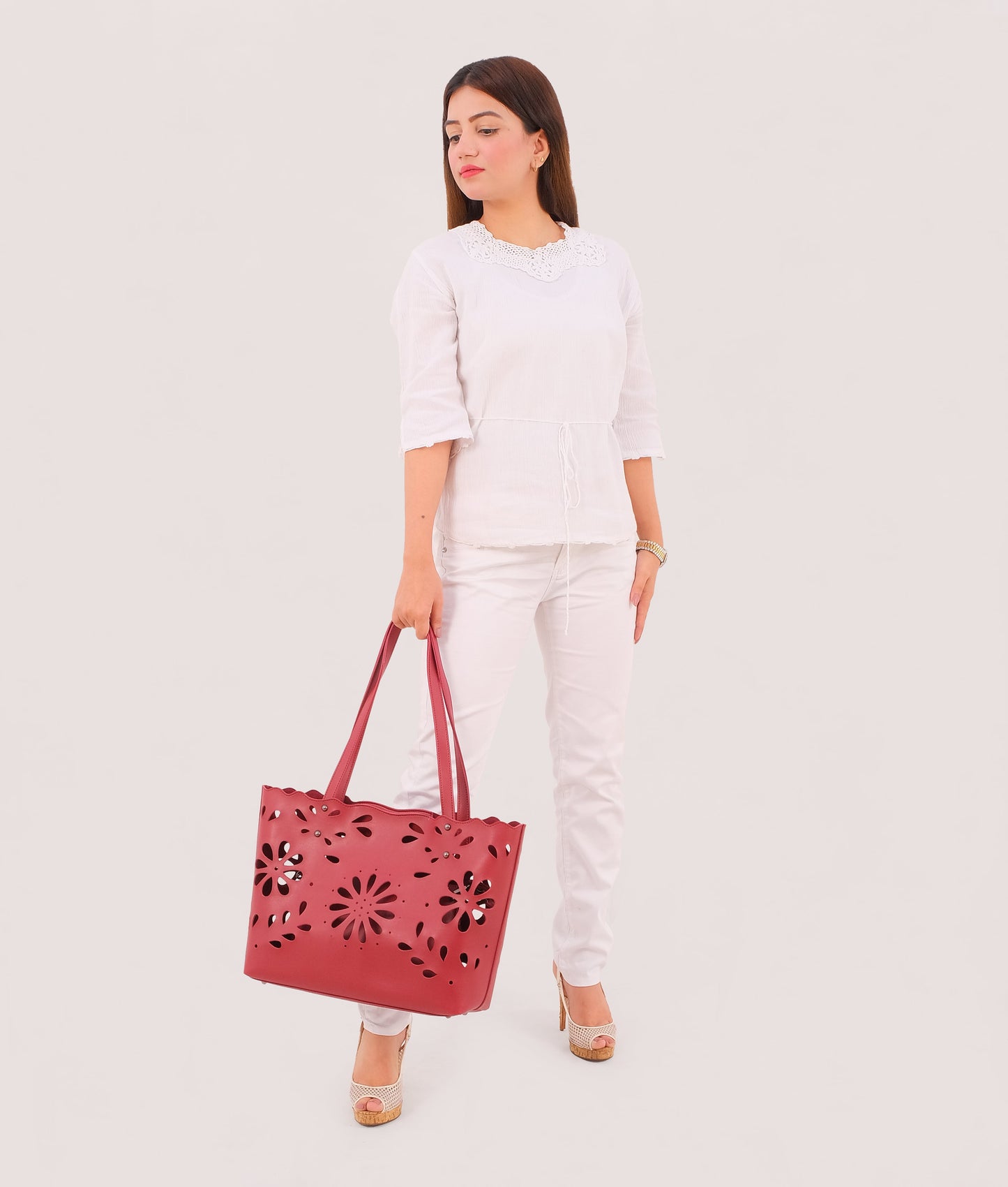 Maroon two-piece floral tote